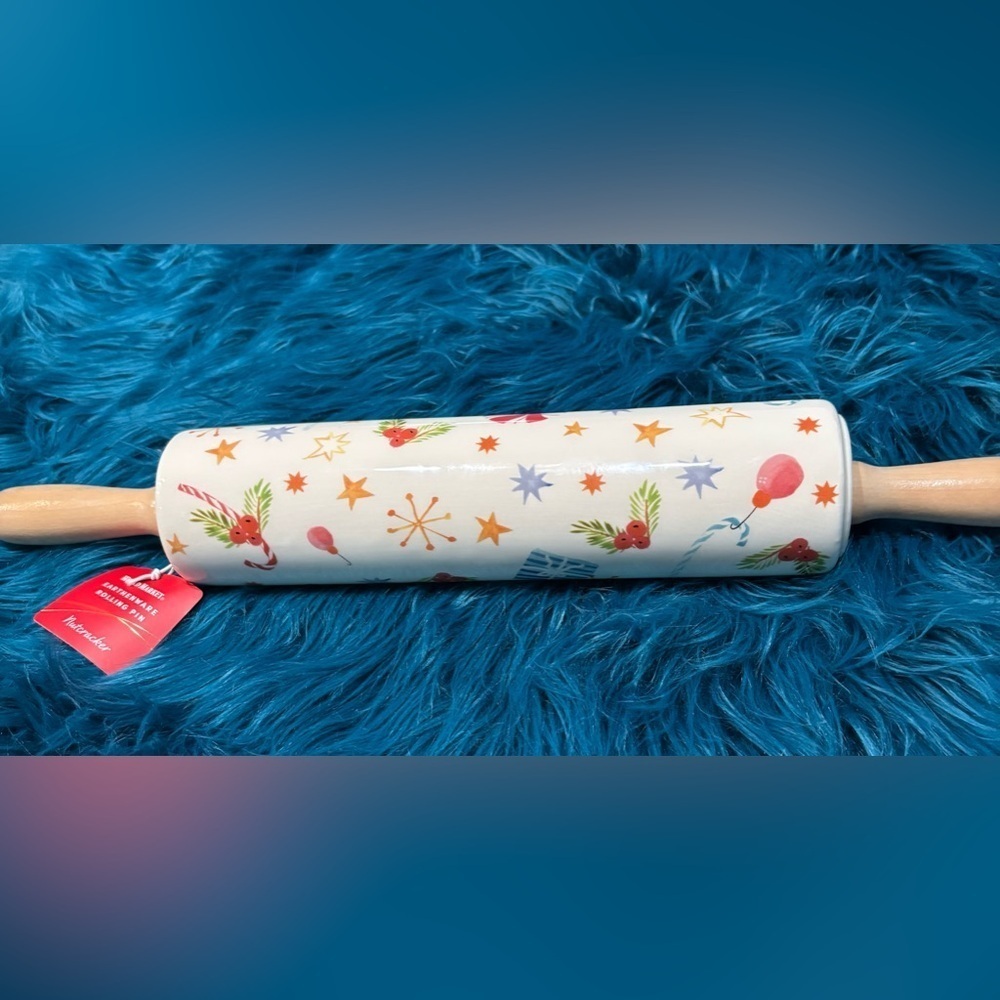 NWT World market earthenware Christmas rolling pin.  18.5”x2.75”x2.62”